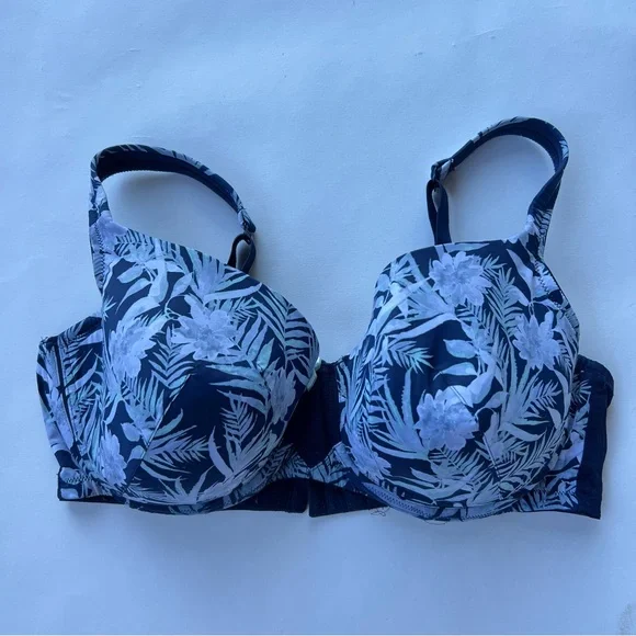 Cacique Blue Tropical Palm Floral Print Lightly Lined Balconette Bra - Picture 1 of 6